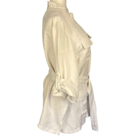 Calvin Klein White Linen Blend Belted Button Front Top Jacket Roll Tab Sleeve 0X - Picture 4 of 7